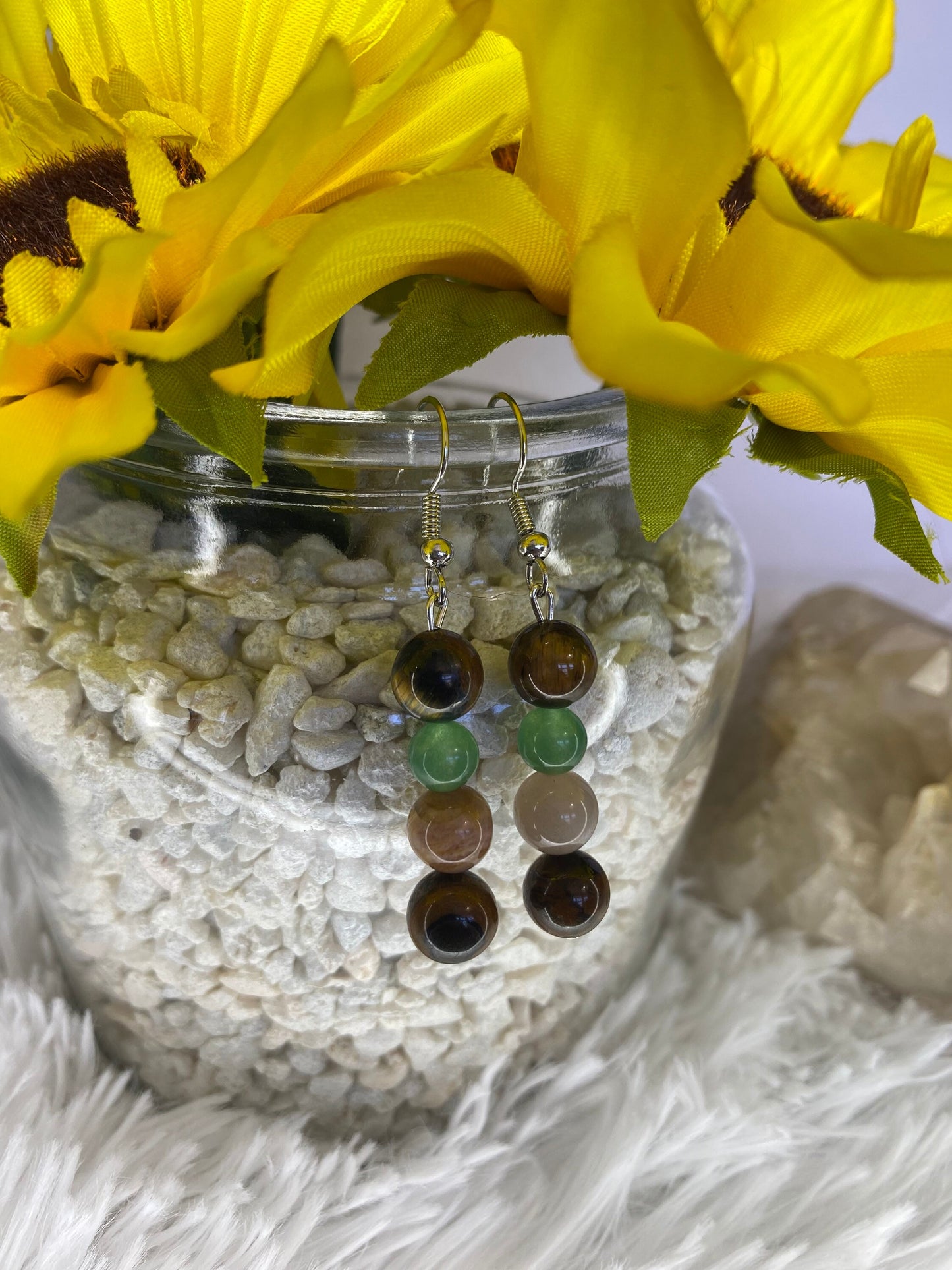 Tiger’s Eye, Green Aventurine, & Sunstone Crystal Drop Earrings