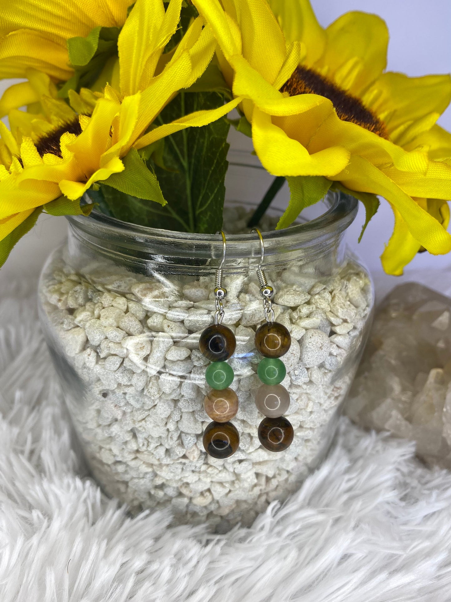 Tiger’s Eye, Green Aventurine, & Sunstone Crystal Drop Earrings