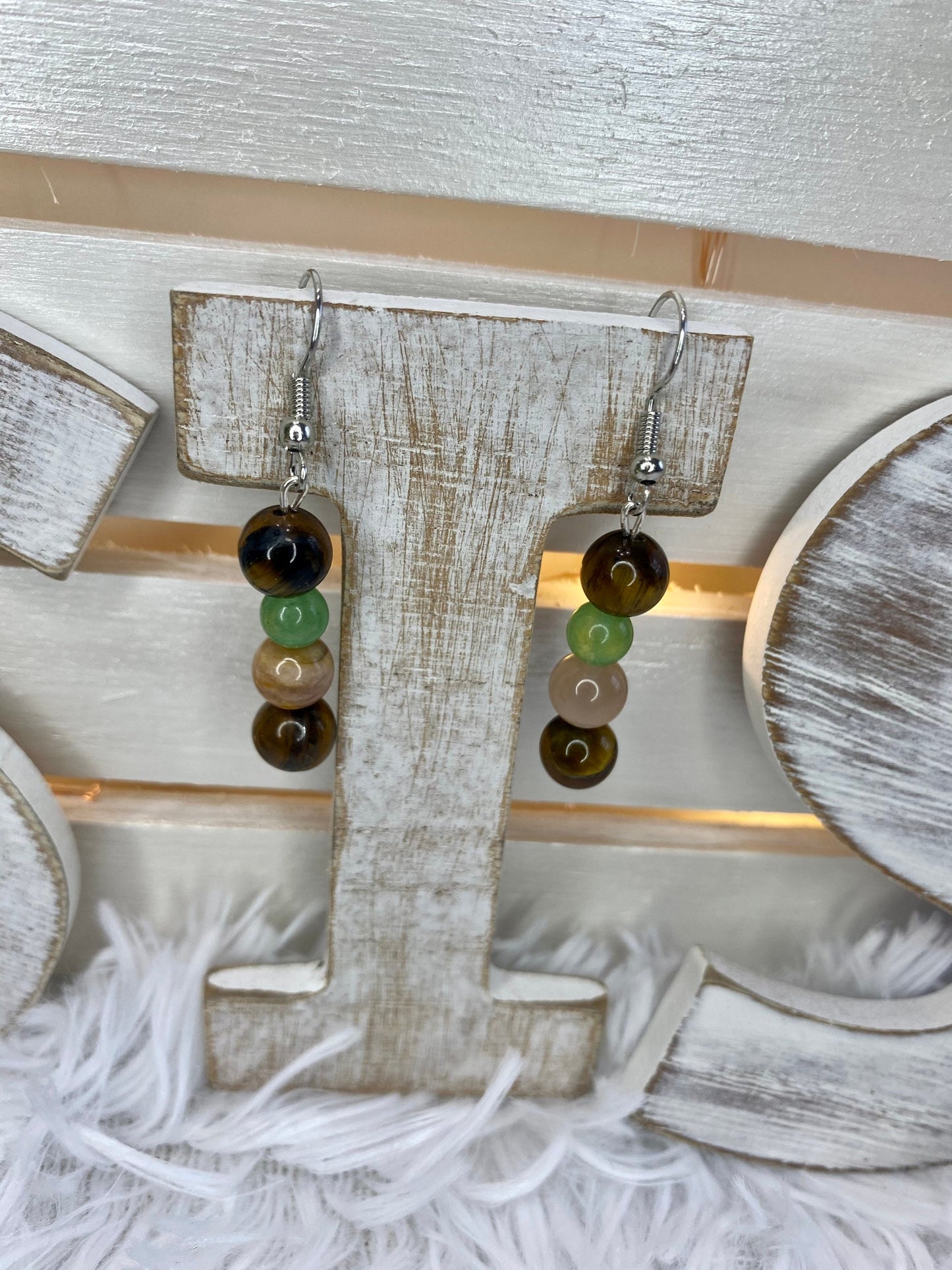 Tiger’s Eye, Green Aventurine, & Sunstone Crystal Drop Earrings