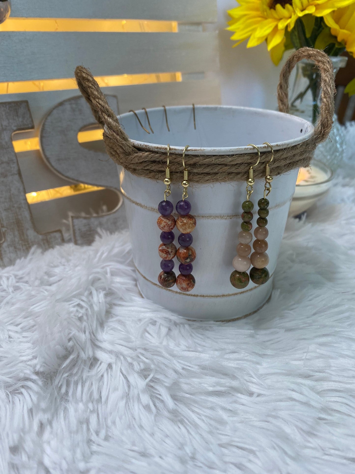 Leopard Jasper & Amethyst Crystal Drop Earrings