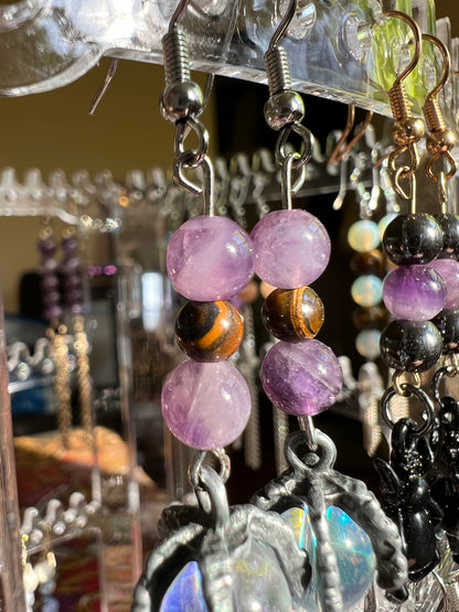 Tiger’s Eye & Amethyst Crystal Claw Earrings