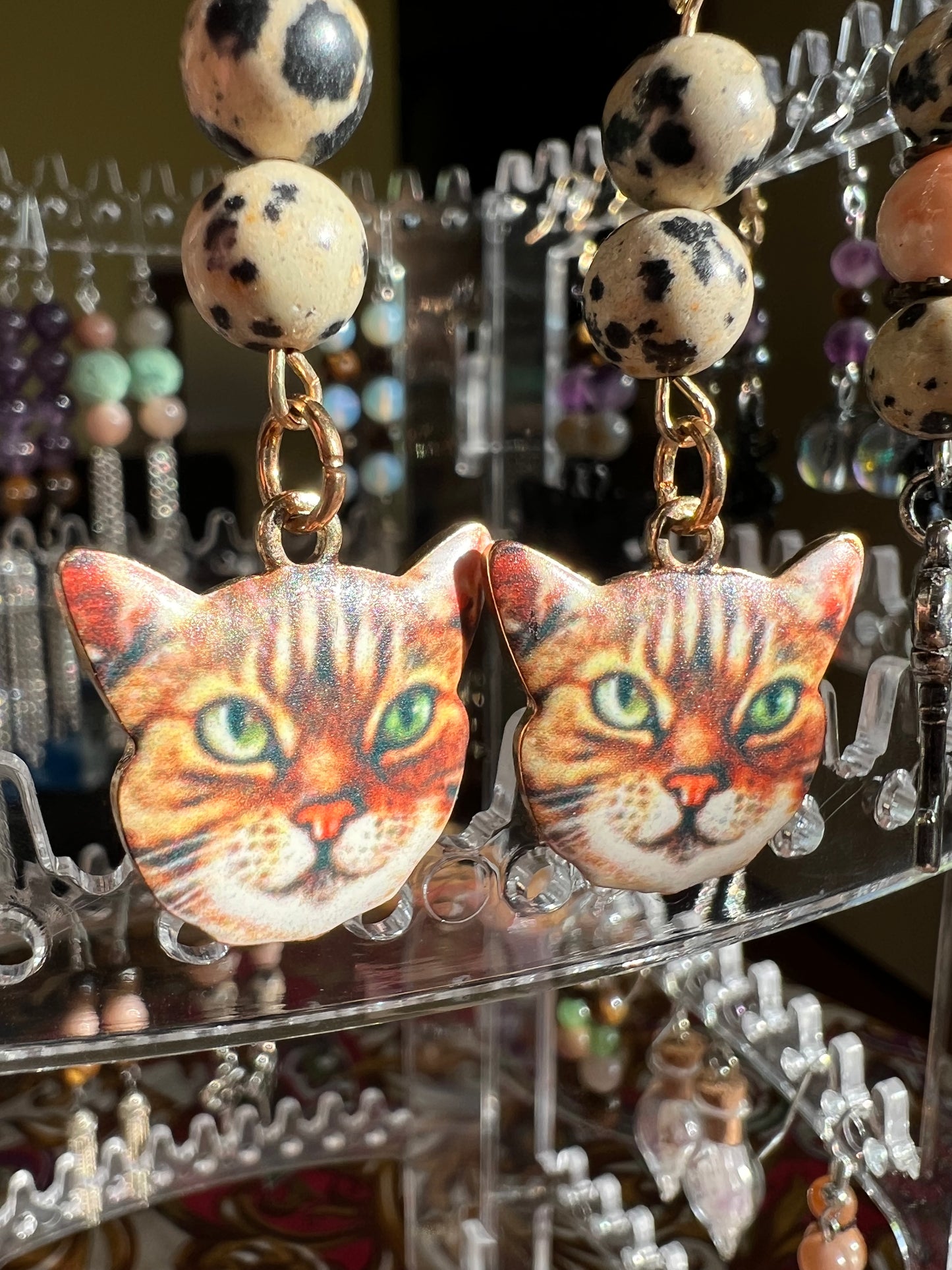 Dalmatian Jasper Crystal Orange Cat Earrings