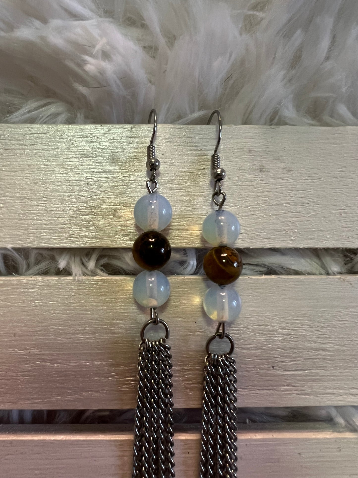 Moonstone & Tiger's Eye Crystal Long Dangle Earrings