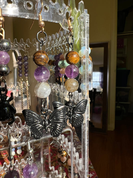 Tiger’s Eye, Amethyst, & Labradorite Crystal Butterfly Earrings