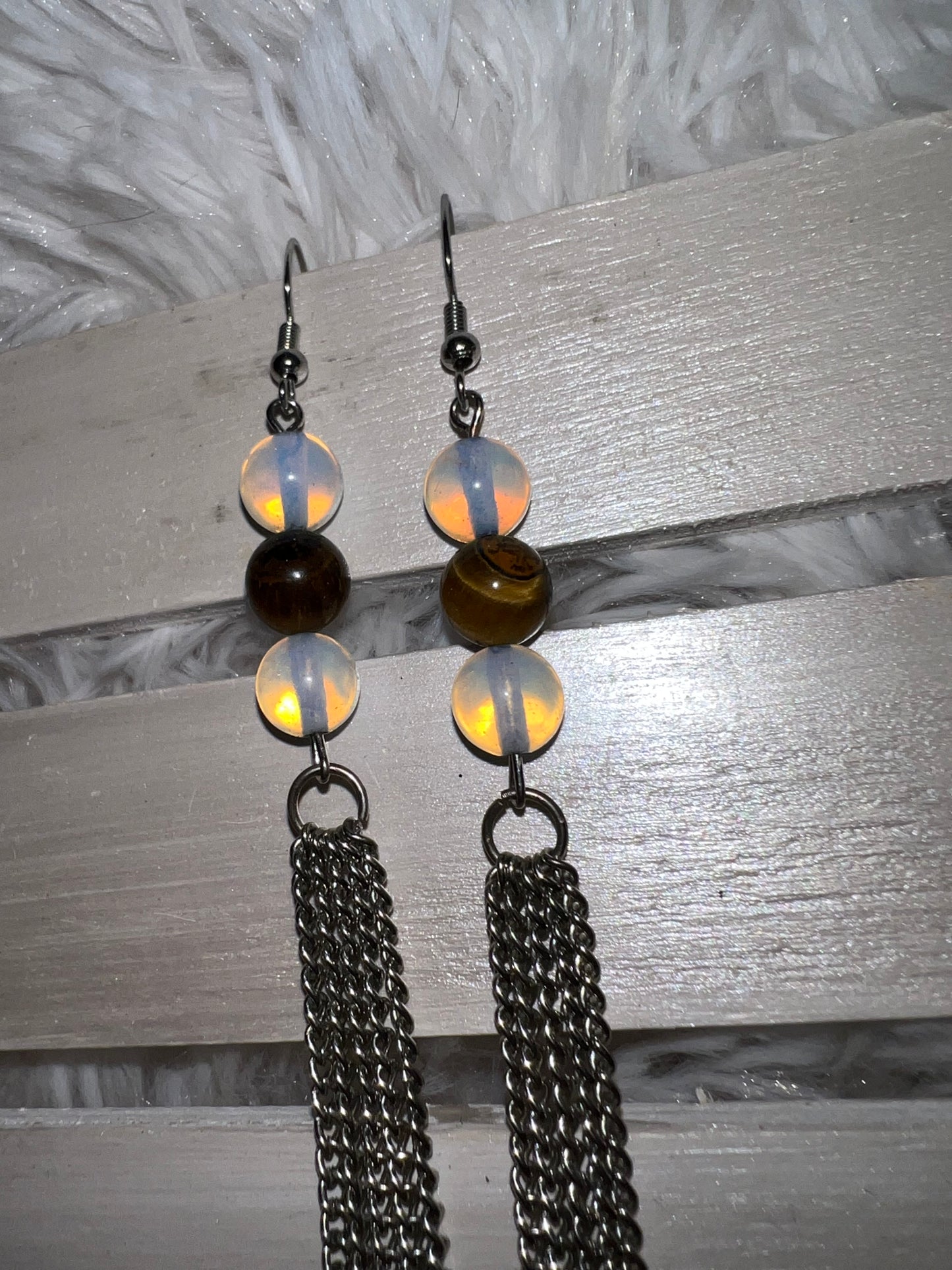 Moonstone & Tiger's Eye Crystal Long Dangle Earrings