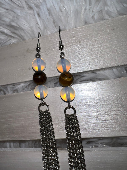 Moonstone & Tiger's Eye Crystal Long Dangle Earrings
