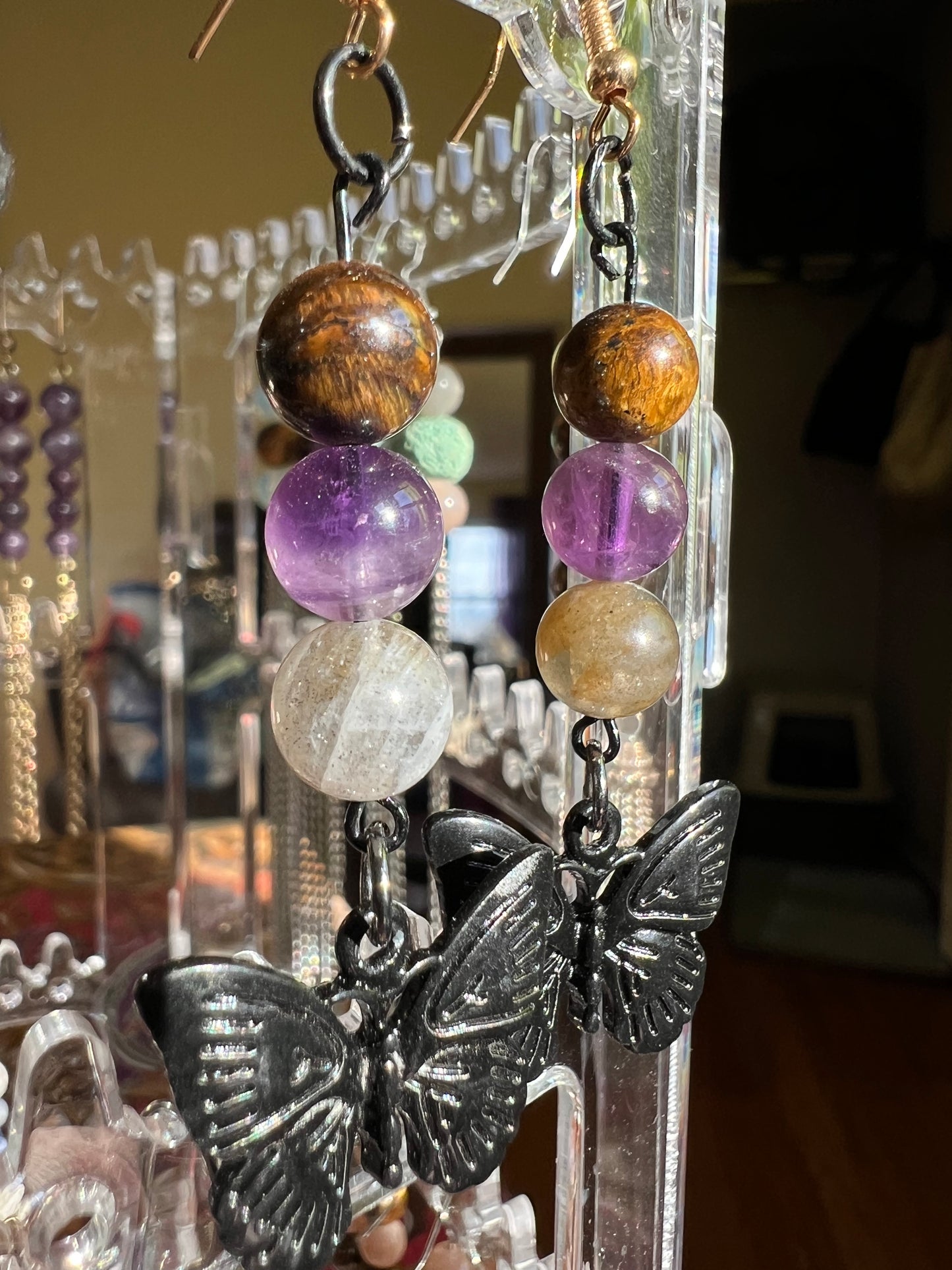 Tiger’s Eye, Amethyst, & Labradorite Crystal Butterfly Earrings