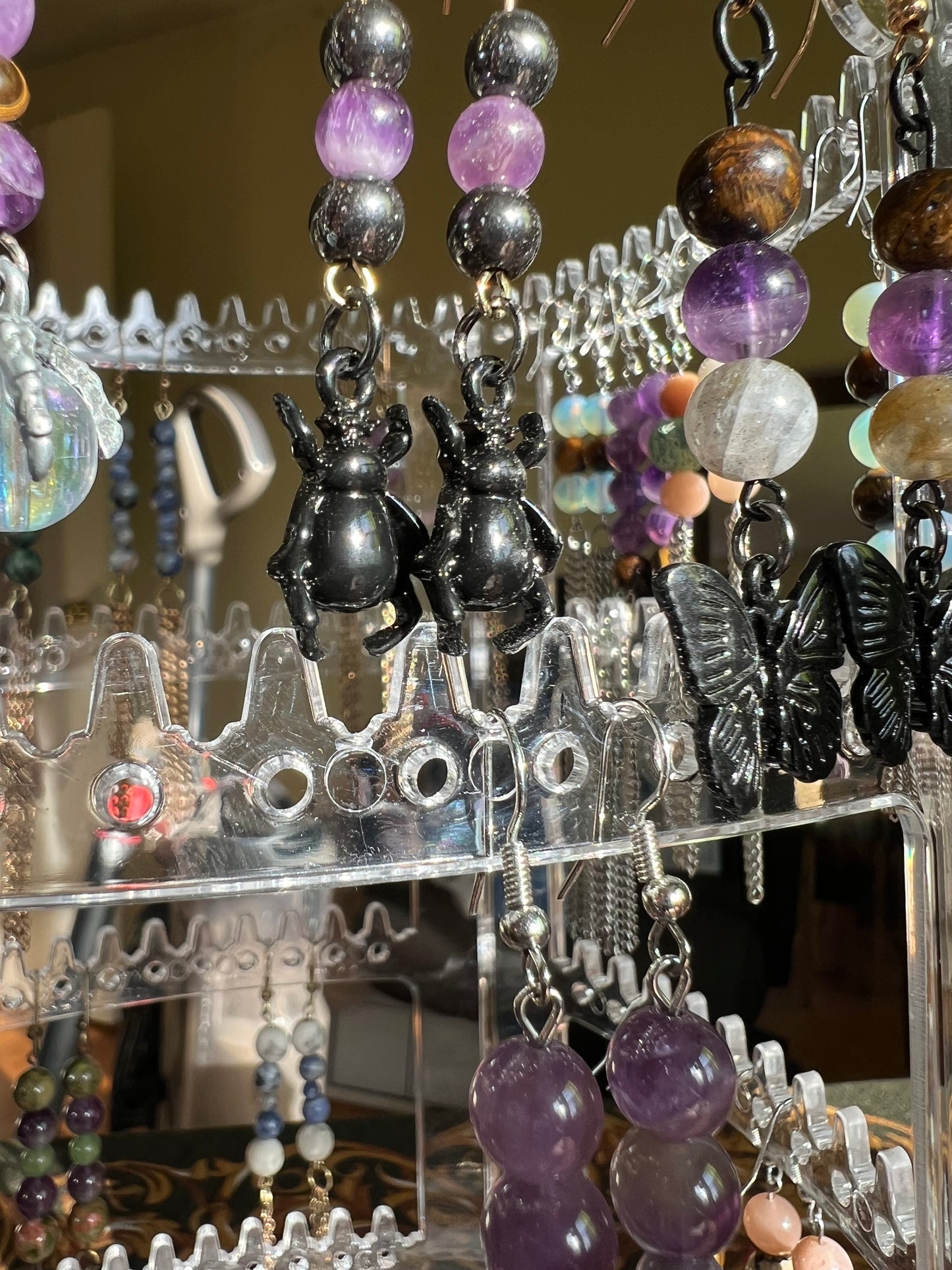 Hematite & Amethyst Crystal Bug Earrings