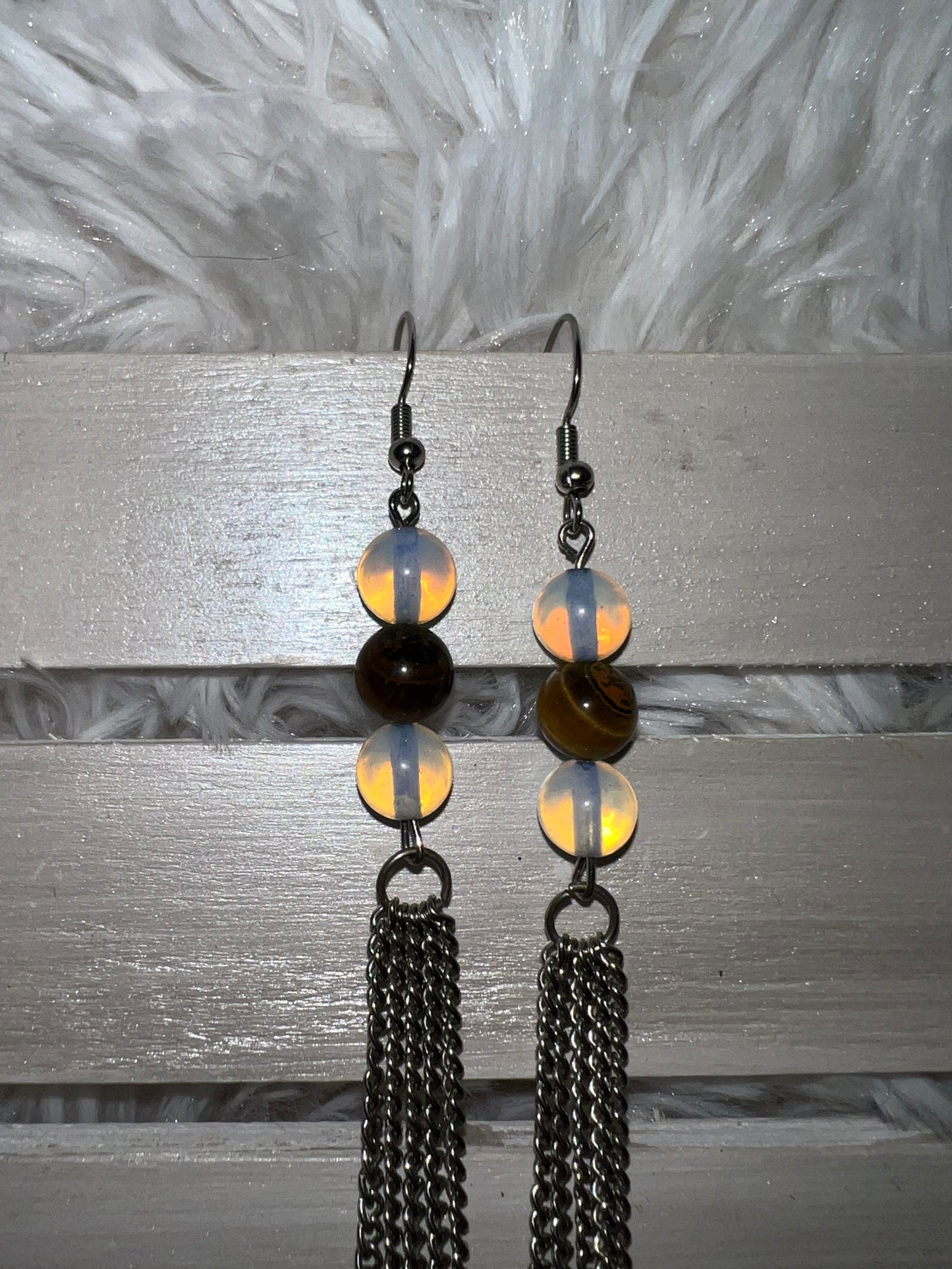 Moonstone & Tiger's Eye Crystal Long Dangle Earrings