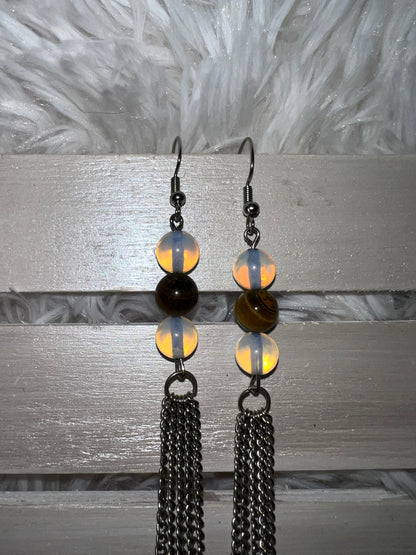 Moonstone & Tiger's Eye Crystal Long Dangle Earrings