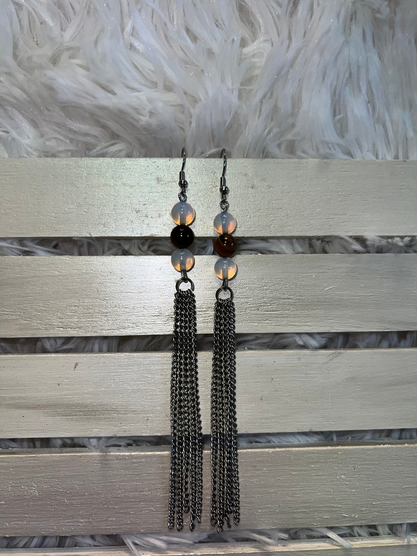 Moonstone & Tiger's Eye Crystal Long Dangle Earrings