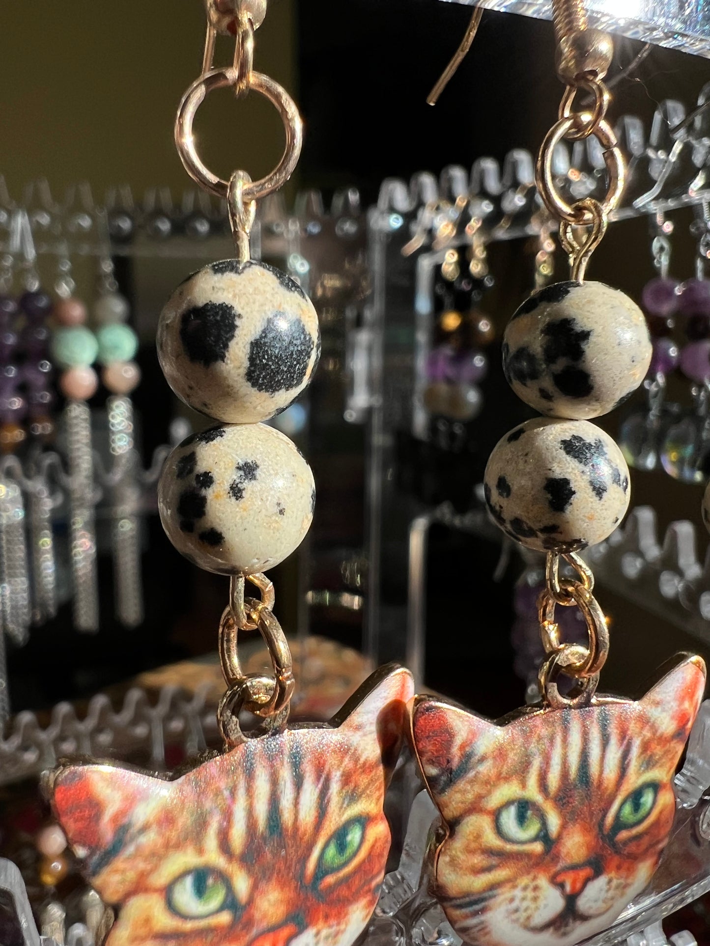 Dalmatian Jasper Crystal Orange Cat Earrings