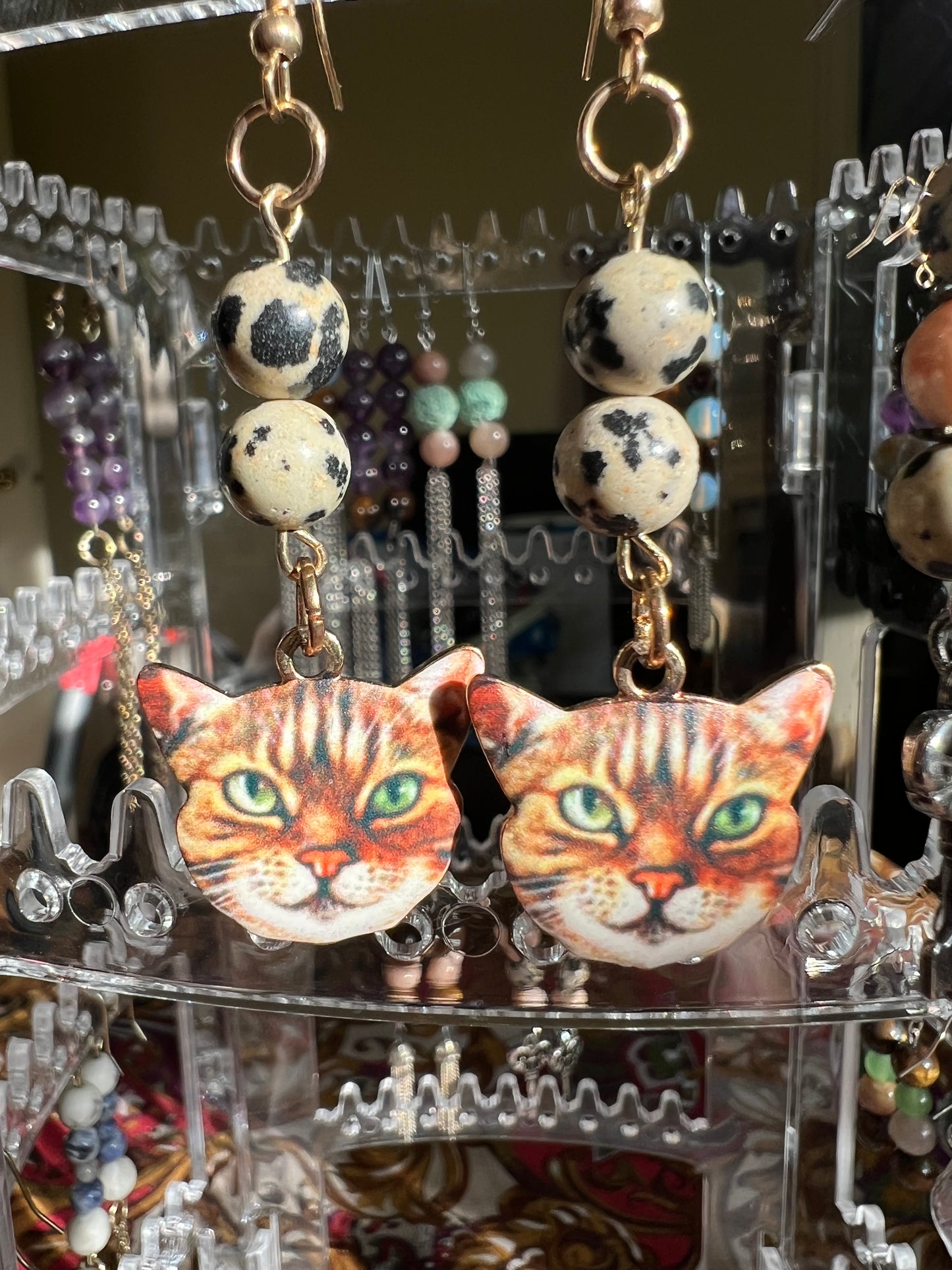 Dalmatian Jasper Crystal Orange Cat Earrings