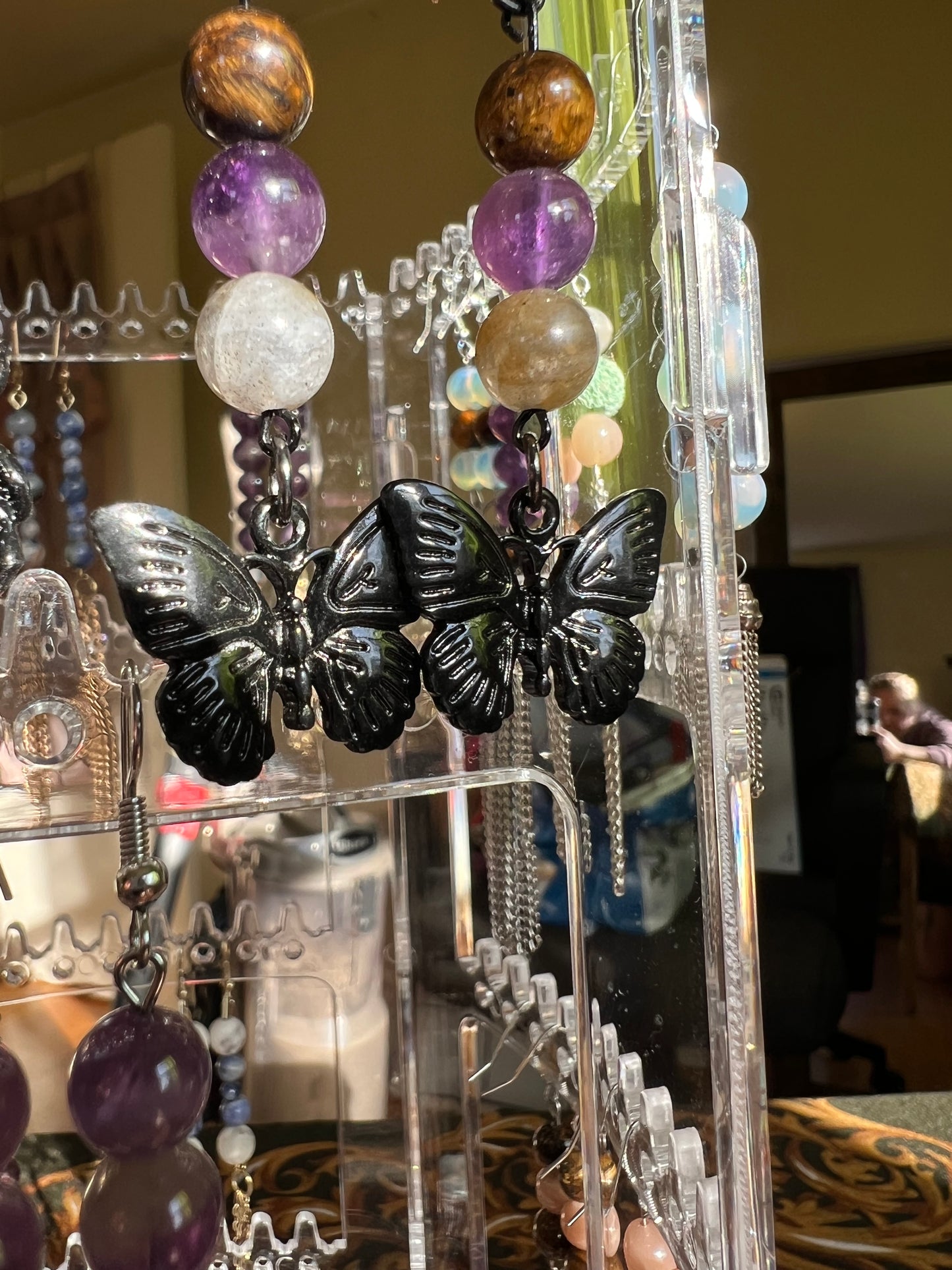 Tiger’s Eye, Amethyst, & Labradorite Crystal Butterfly Earrings