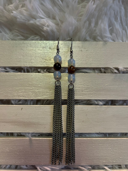 Moonstone & Tiger's Eye Crystal Long Dangle Earrings