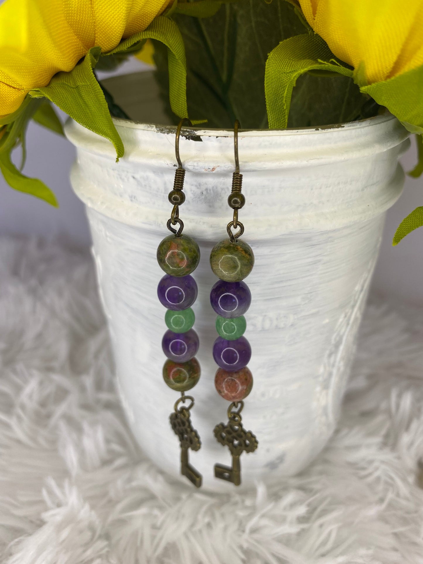 Unakite, amethyst, & green Aventurine Crystal Key Earrings