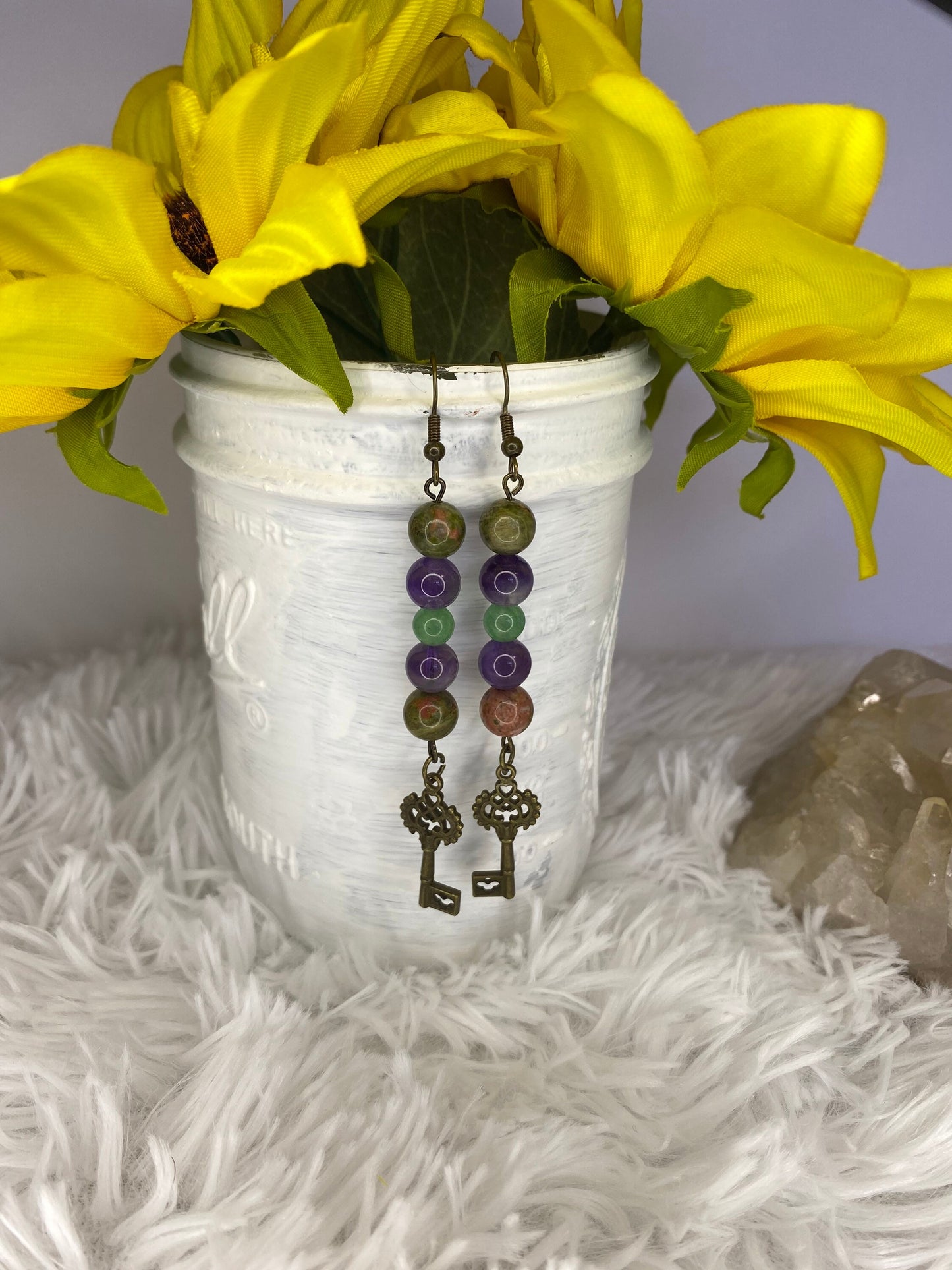 Unakite, amethyst, & green Aventurine Crystal Key Earrings