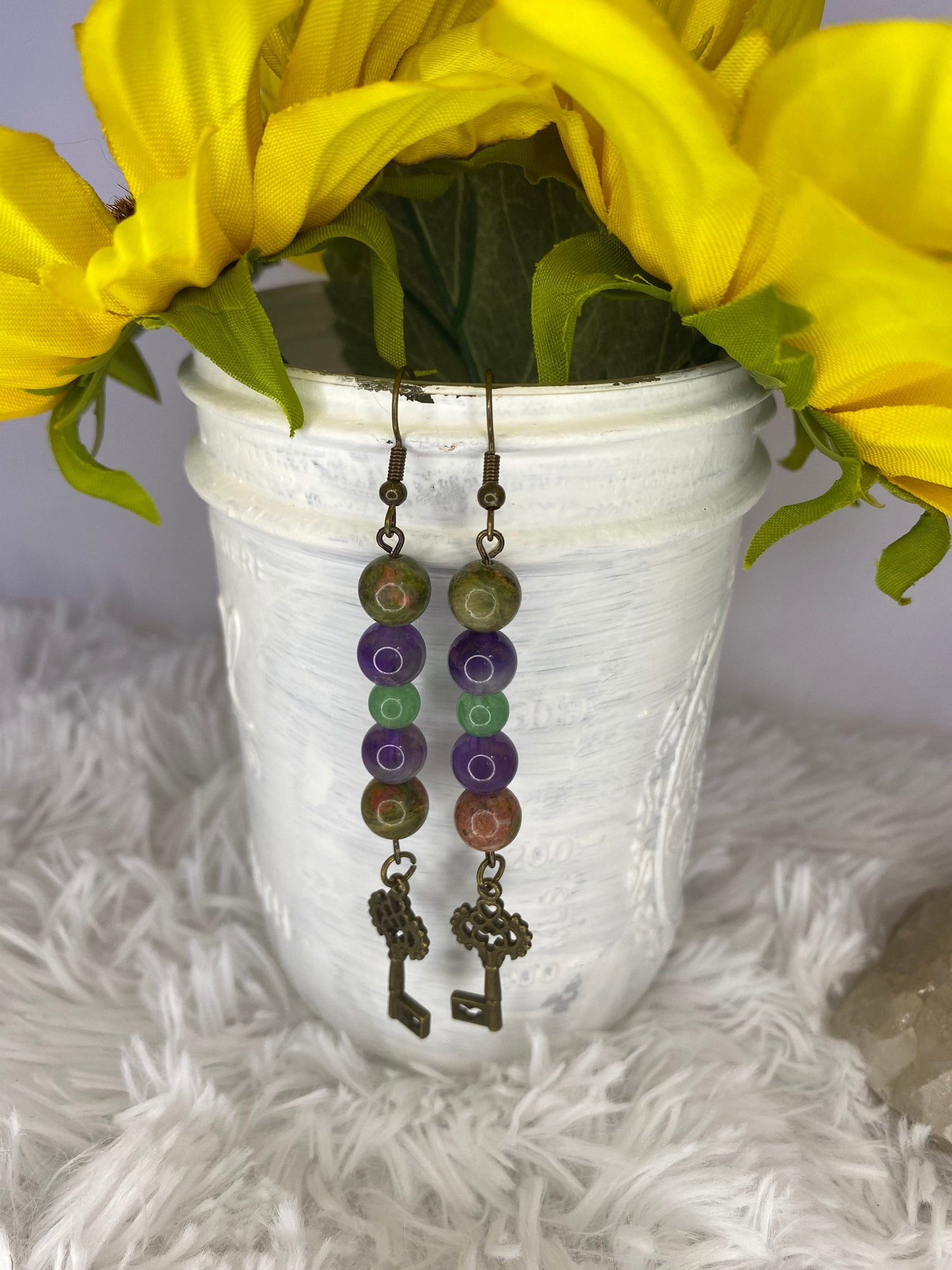 Unakite, amethyst, & green Aventurine Crystal Key Earrings