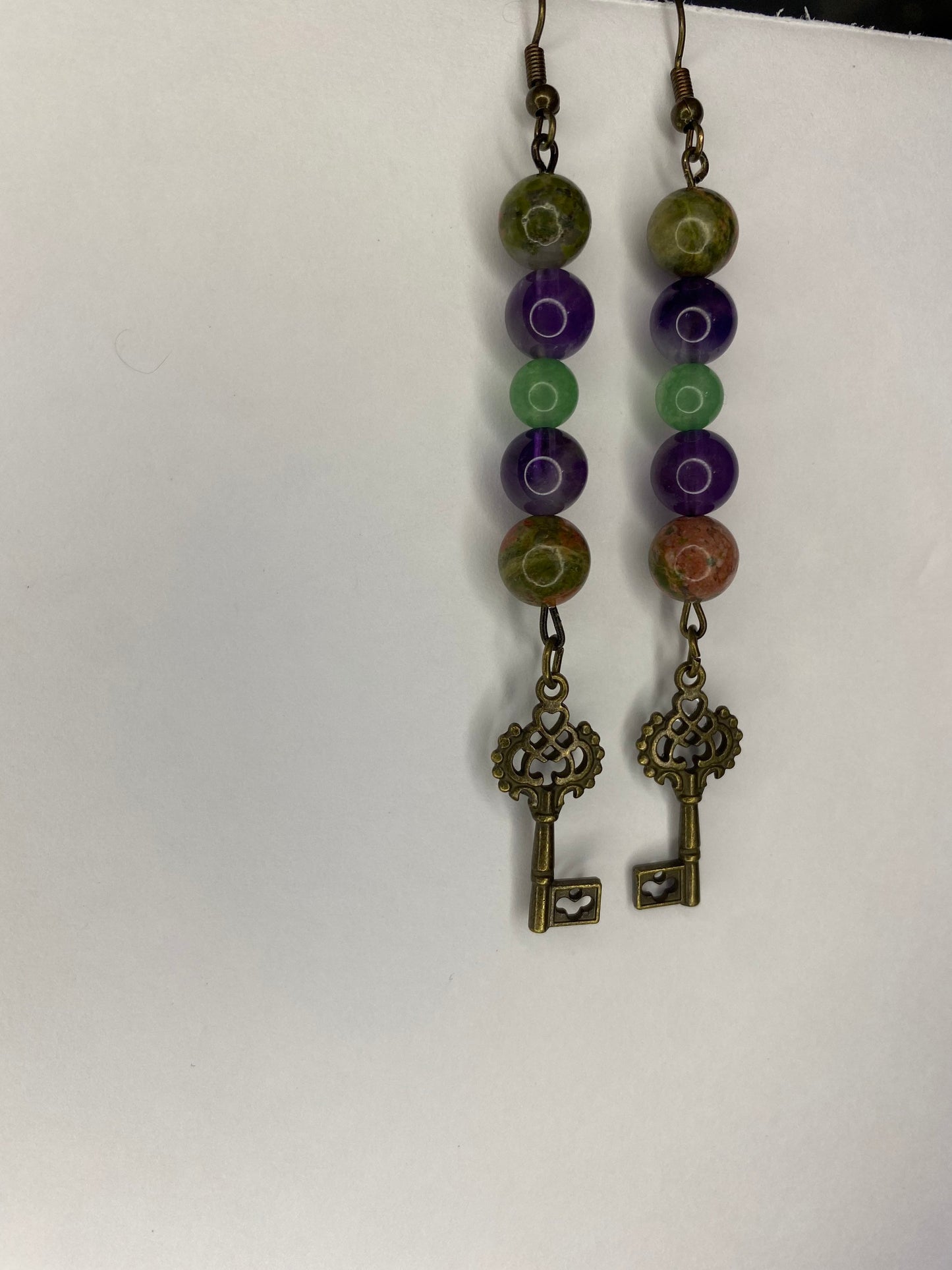 Unakite, amethyst, & green Aventurine Crystal Key Earrings