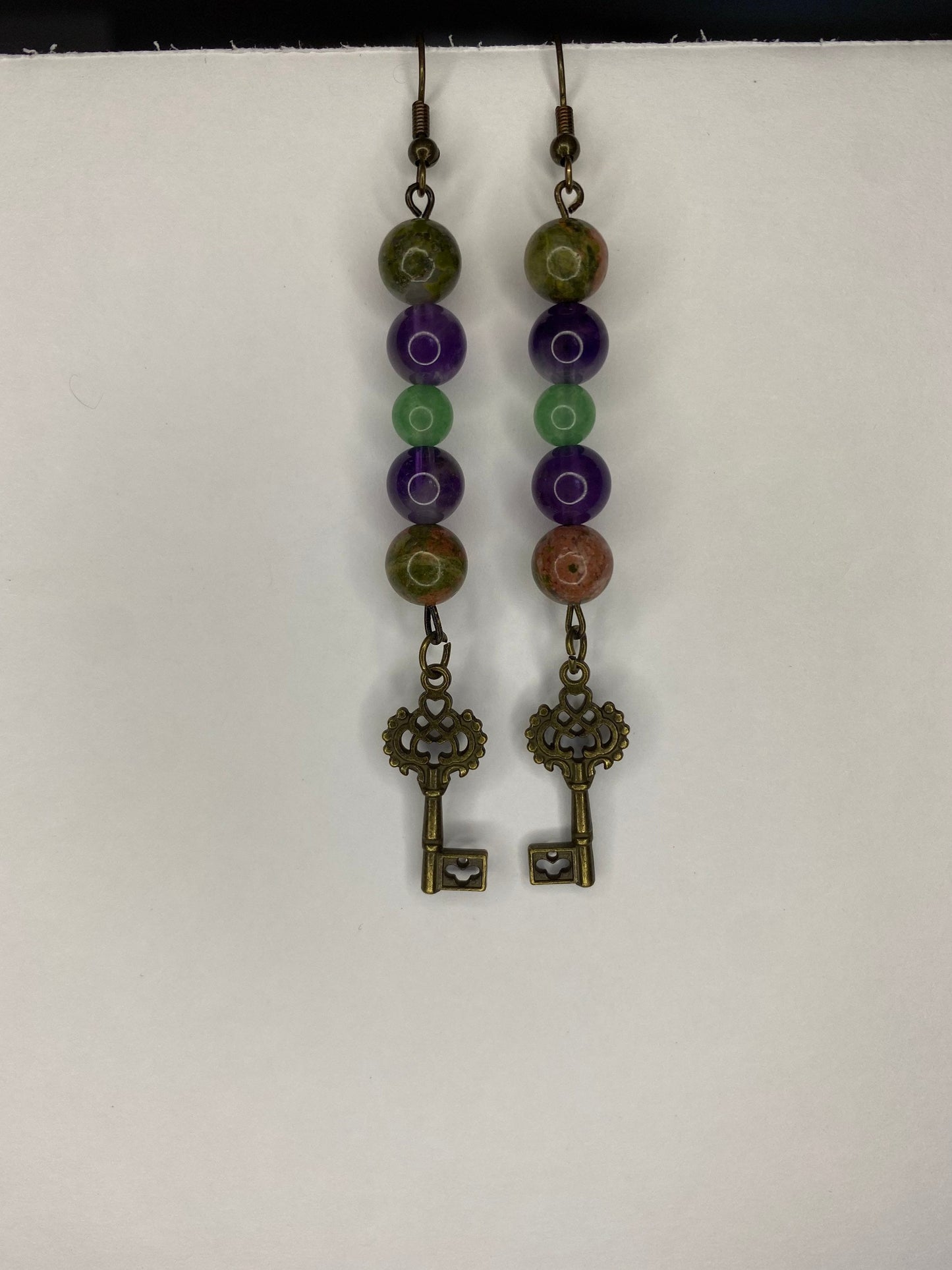 Unakite, amethyst, & green Aventurine Crystal Key Earrings