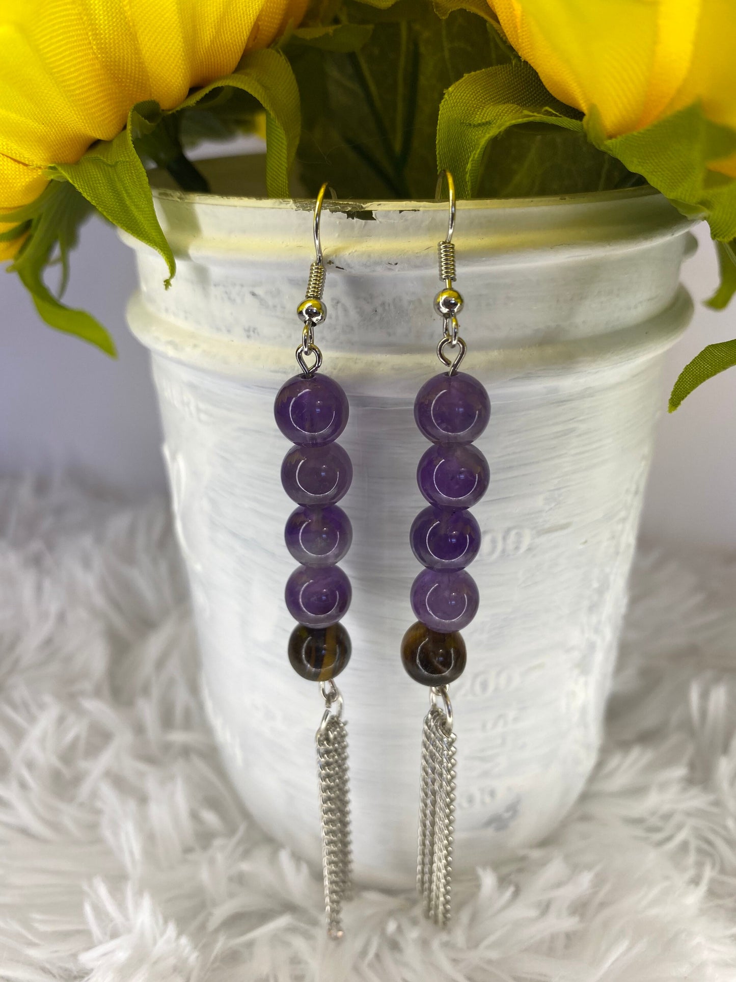 Amethyst & Tiger’s Eye Crystal Dangle Earrings