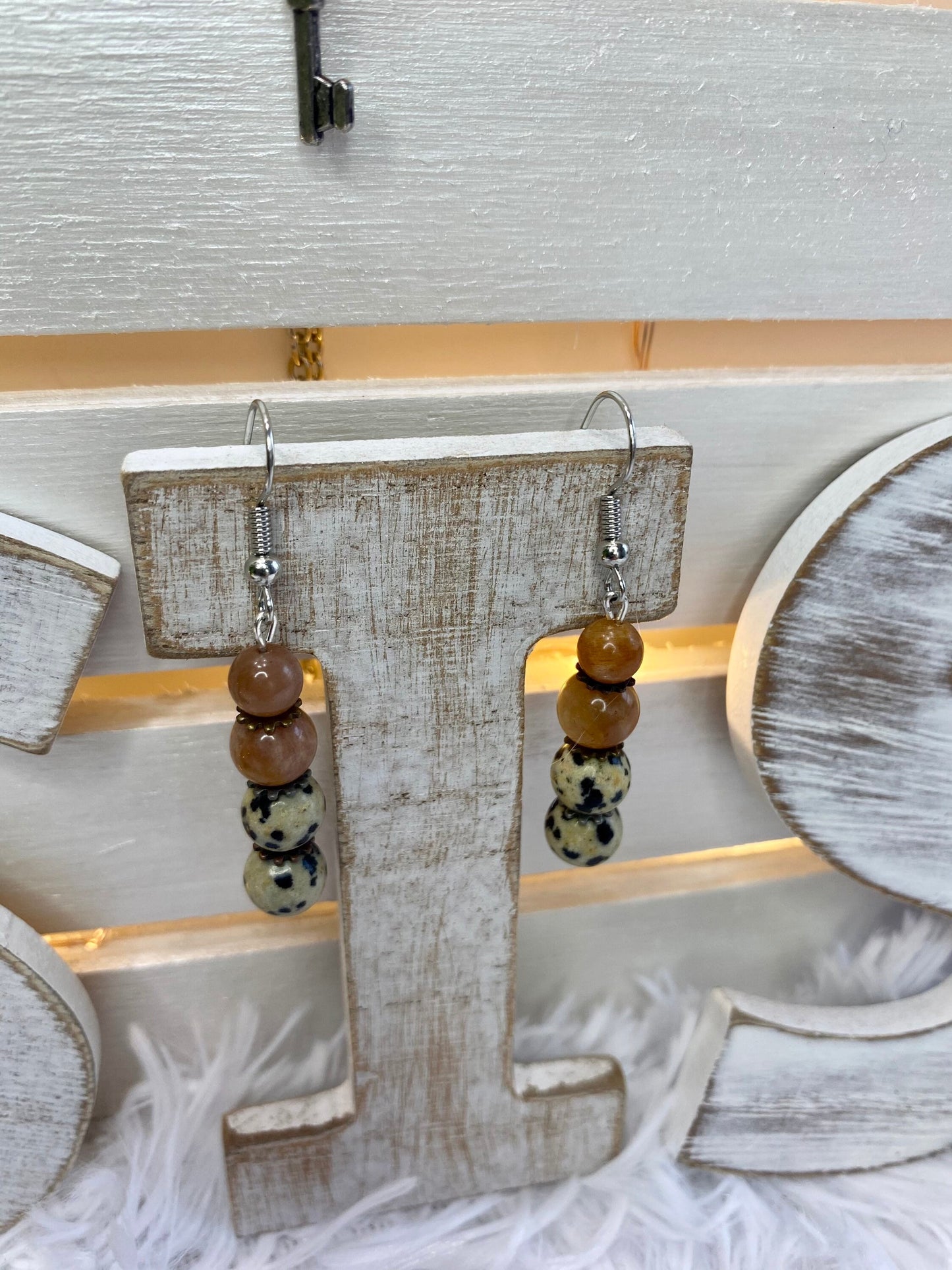 Dalmatian Jasper & Sunstone Crystal Drop Earrings and Necklace