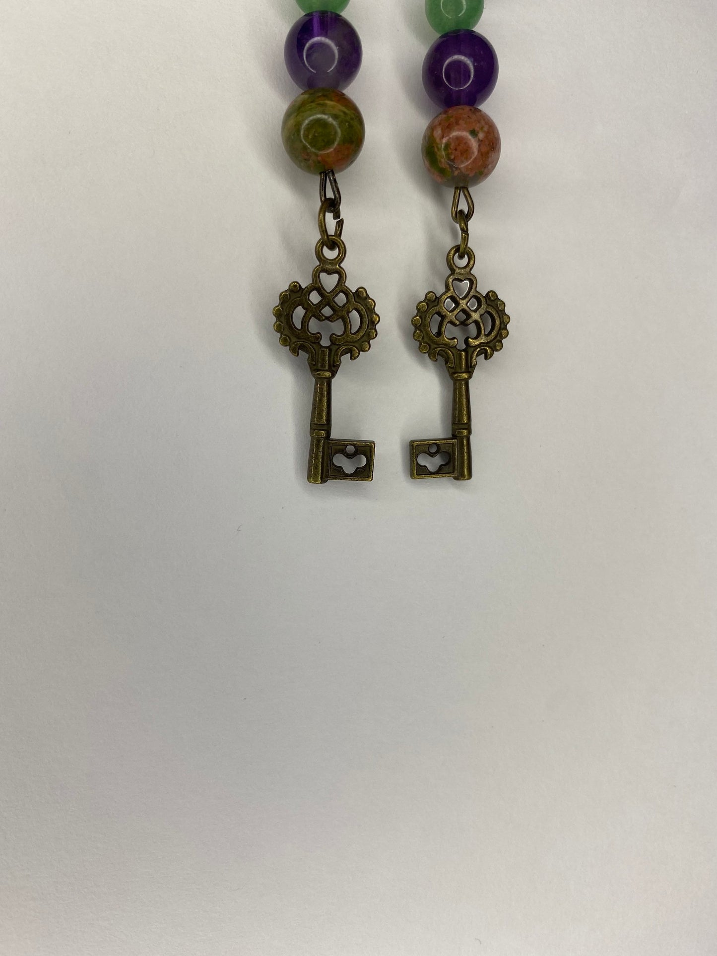 Unakite, amethyst, & green Aventurine Crystal Key Earrings