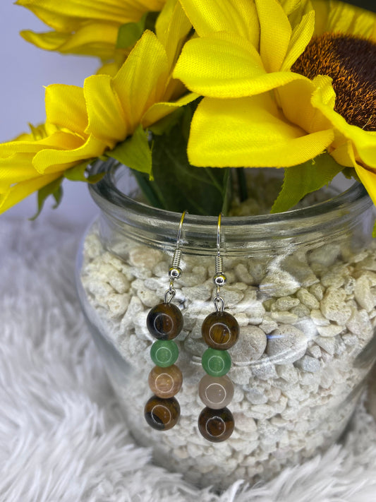 Tiger’s Eye, Green Aventurine, & Sunstone Crystal Drop Earrings