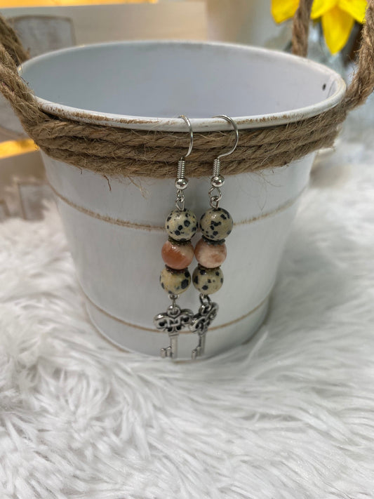 Dalmatian Jasper & Sunstone Crystal Key Earrings