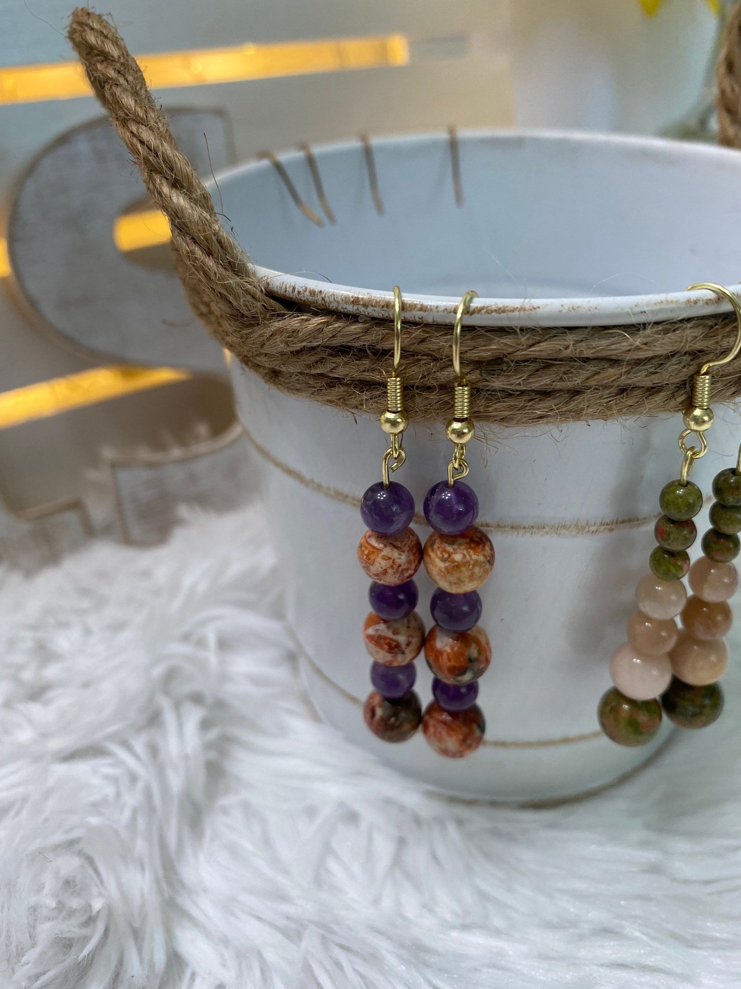 Leopard Jasper & Amethyst Crystal Drop Earrings