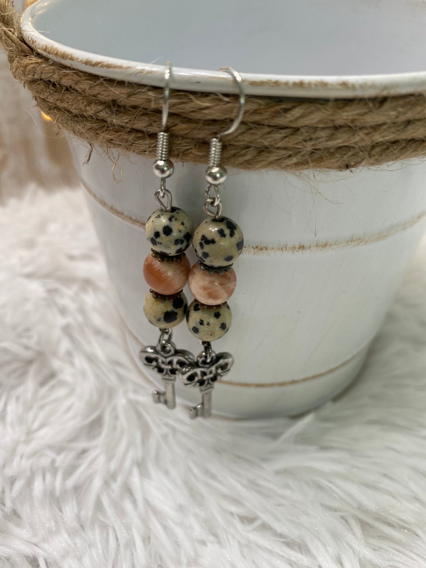 Dalmatian Jasper & Sunstone Crystal Key Earrings